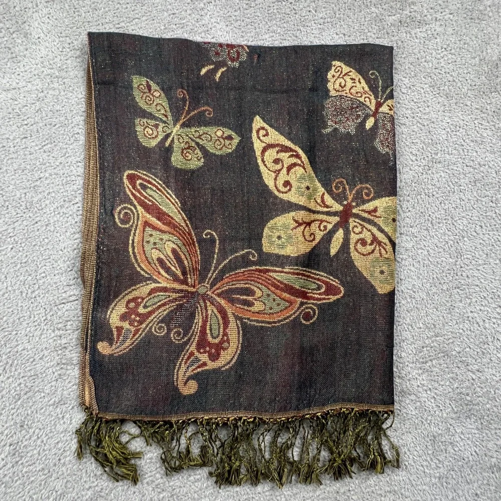 Boho Floral Butterfly Pashmina Scarf Fringe Shawl Vintage Earthy Wrap Cashmere